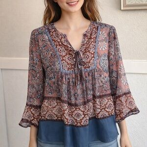 Style & Co Boho Peasant Blouse Floral Print Tie Neck Long Sleeve PM